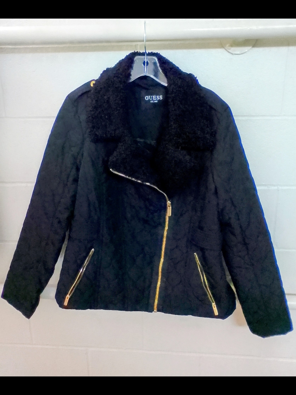 GUESS Black Quilted Jacket with Faux Shearling Collar and Gold Zippers